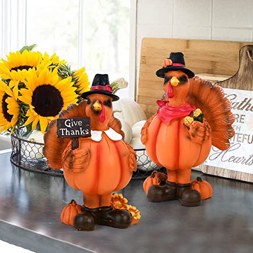 Standing Turkey Couple Thanksgiving Decorations, 2 Pack Resin Turkeys Give Thanks Autumn Fall Tabletop Decor Figurine Decorative Centerpieces Harvest Home Ornament