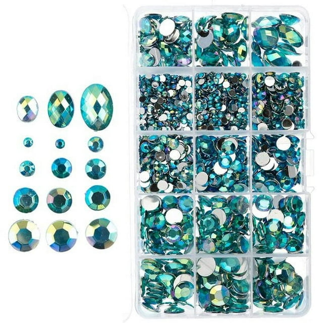 John Bead Aqua AB Assorted Round & Oval Acrylic Flat Back Rhinestones Box