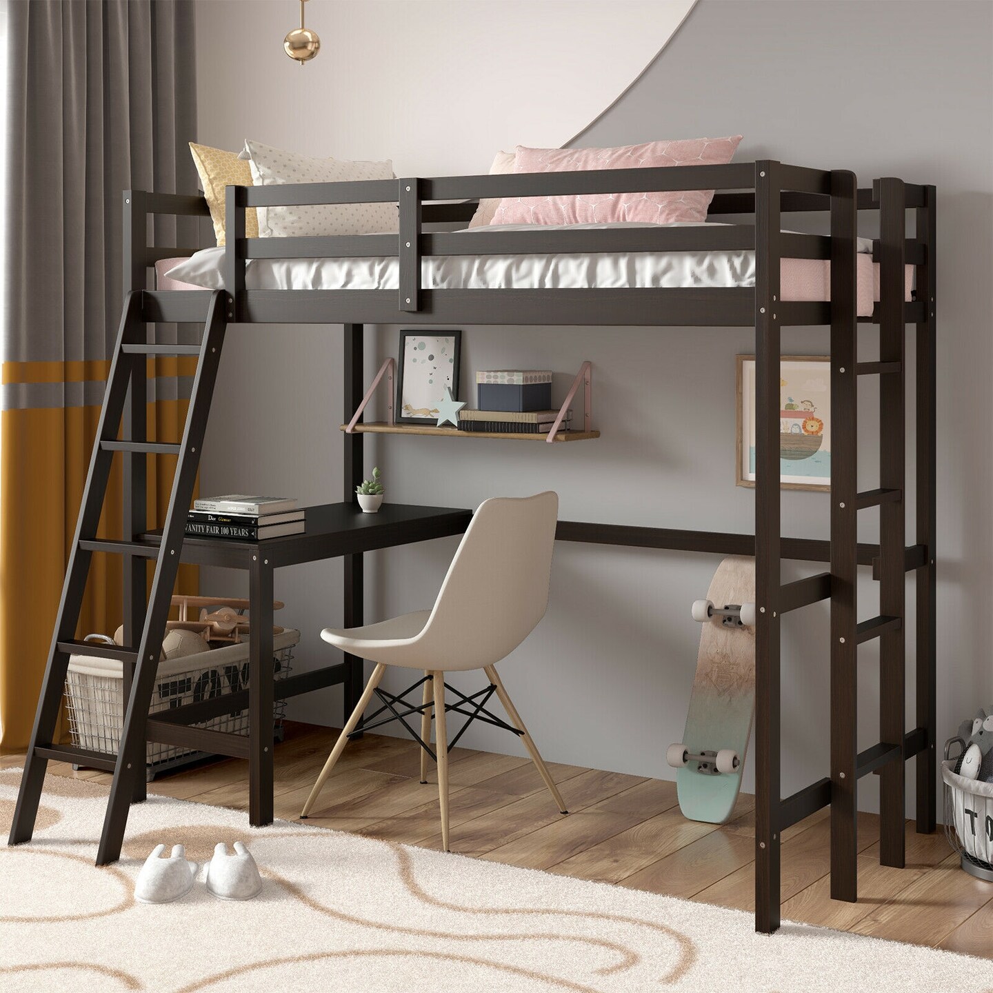 Twin Size Pine Wood Loft Bed with Desk, Guardrail, Dual Ladders