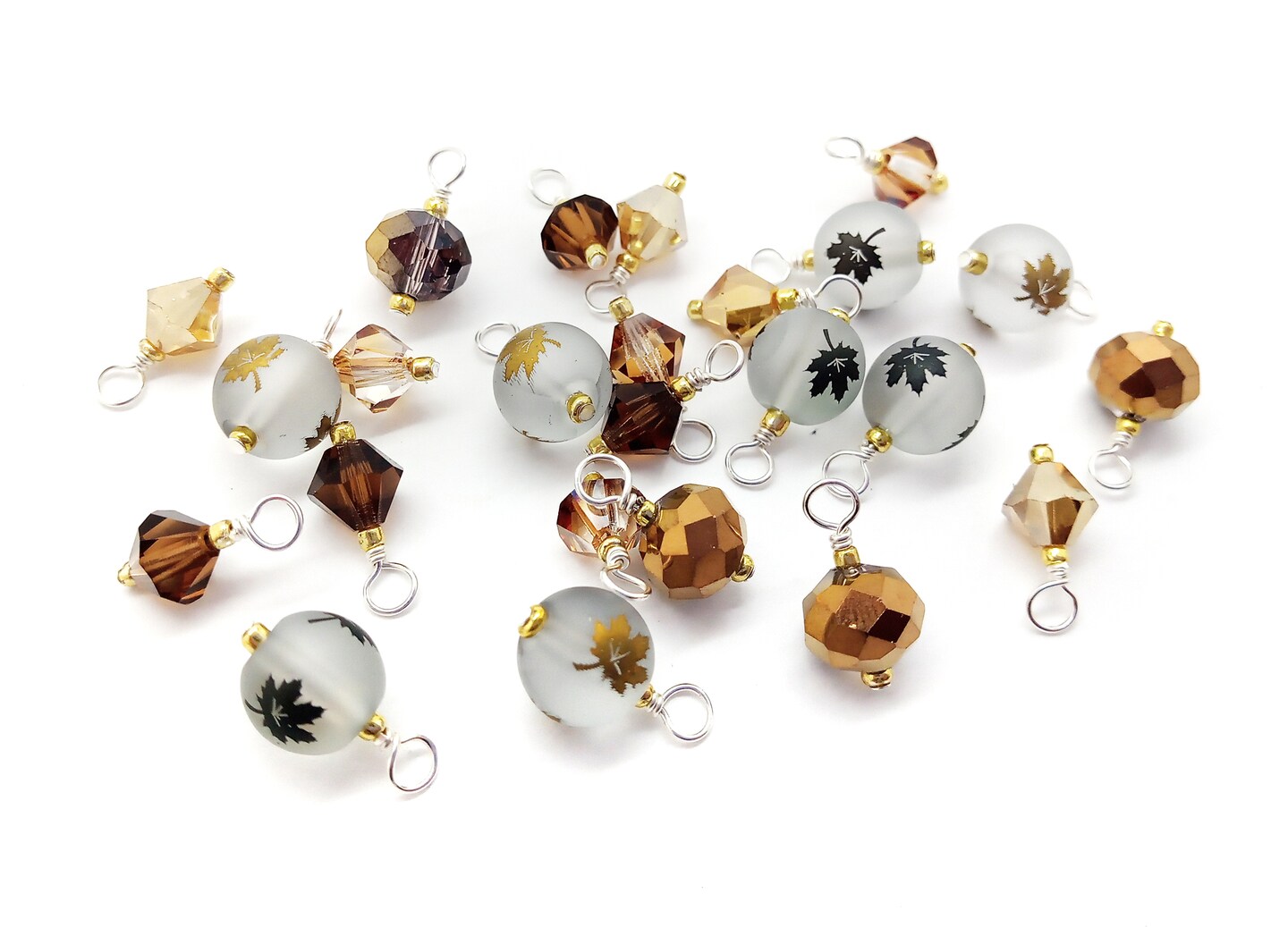 Pretty Leaf Dangles in Gold &#x26; Brown, 24 pcs, Fall Leaf Beads with Crystal Bicones &#x26; Rondelles, Adorabilities