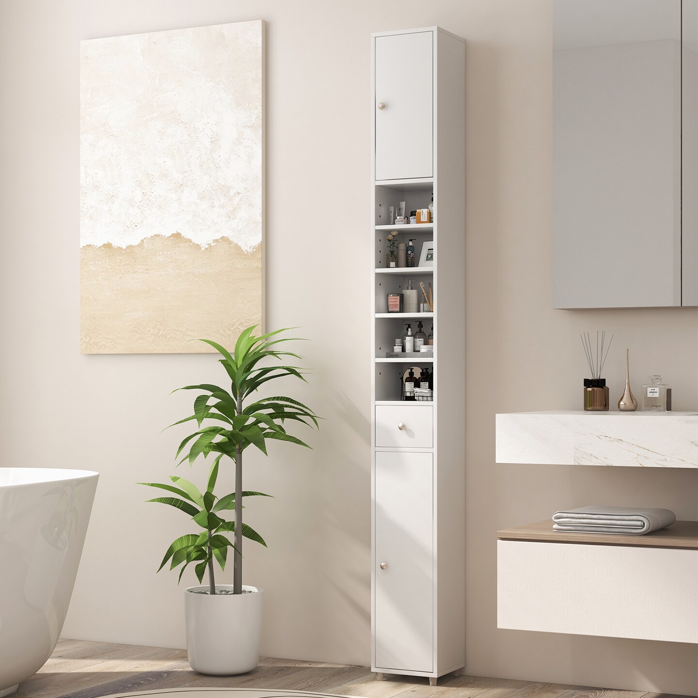 White MDF Freestanding Tall Narrow Bathroom Cabinet Storage Organizer with Drawer and Shelves