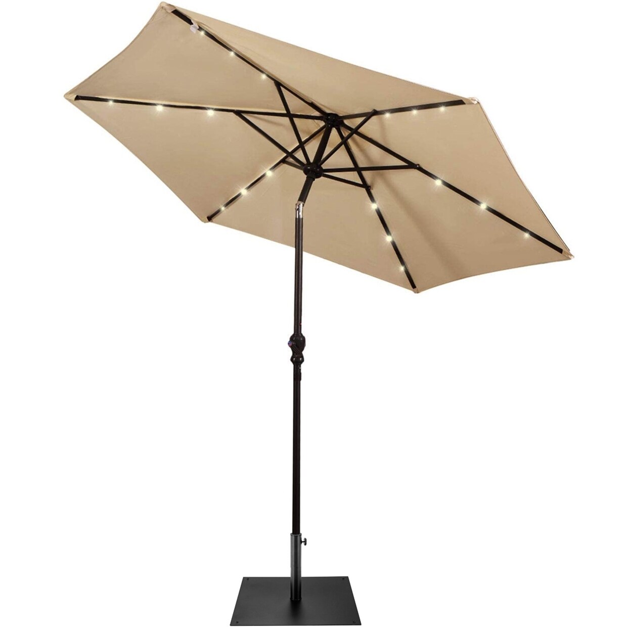 9 Ft Patio Table Market Umbrella W/ 18 Solar Led Lights And Heavy-Duty Base