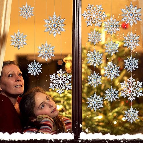 46Pcs Plastic Snowflake Ornament Christmas Glitter Snowflake Hanging Christmas Tree Decorations with Silver Rope for Winter Decorations Tree Window Door Accessories (Iridescent)