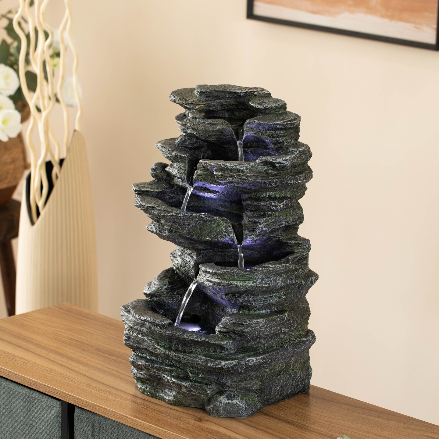 Cascading Electric Powered 5-Tier Rock Water Fountain 18&#x22; with LED Lights for Indoor and Outdoor Use