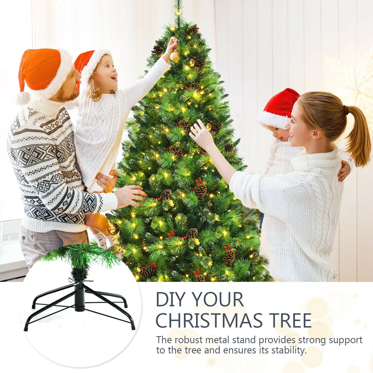 Pre-lit Hinged Christmas Tree with Pine Cones and Red Berries