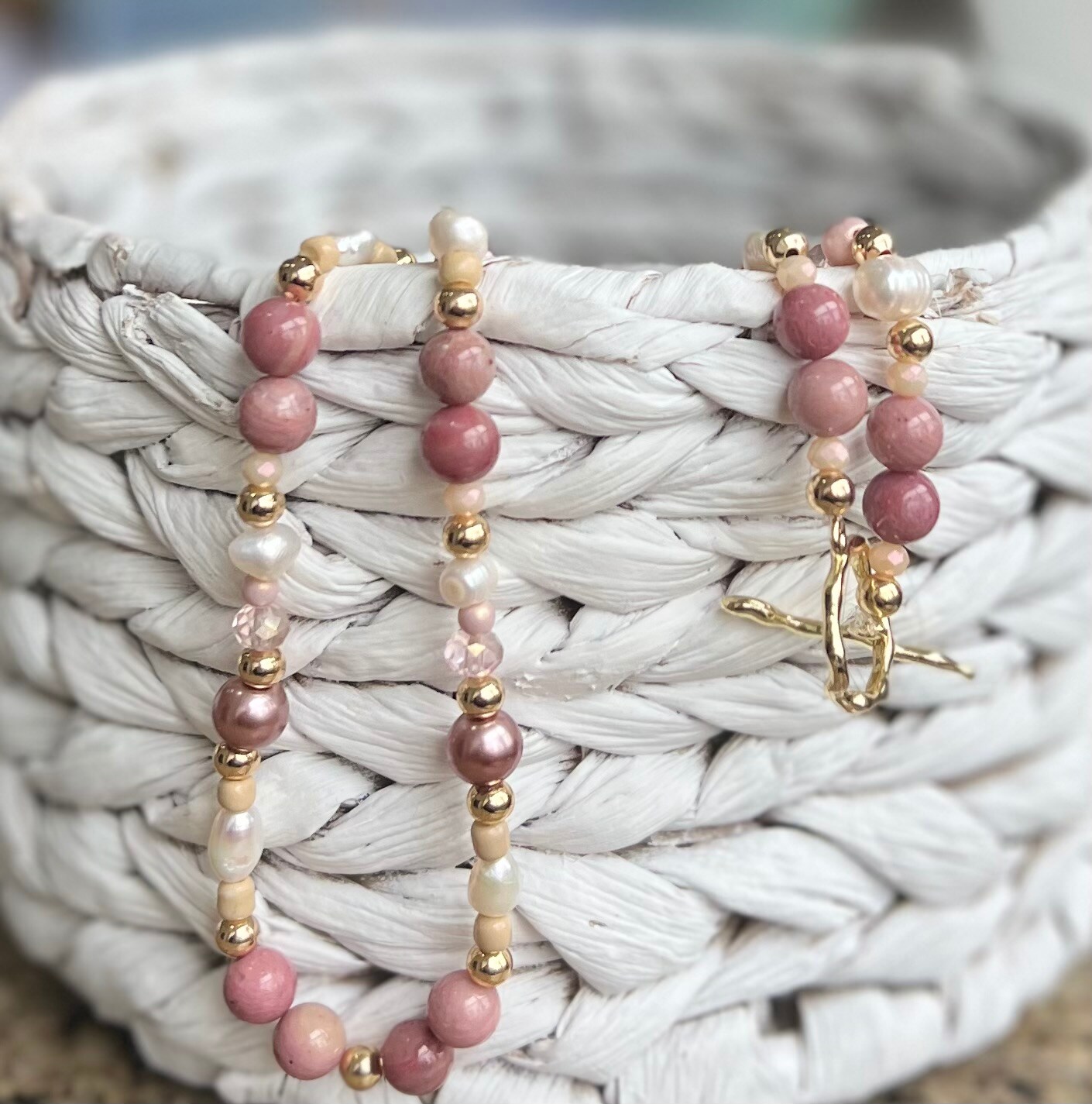 Handmade authentic Pearl necklace with healing pink Rhodonite crystal stone necklace 18k gold beads 18k gold toggle clasp with gift bag MakerPlace by Michaels