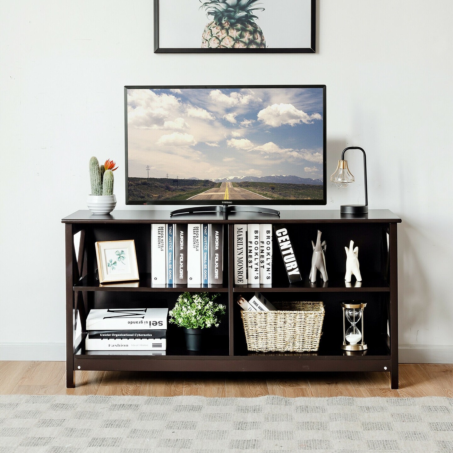 MDF TV Stand with 4 Cable Management Holes and Sturdy X-Shaped Support