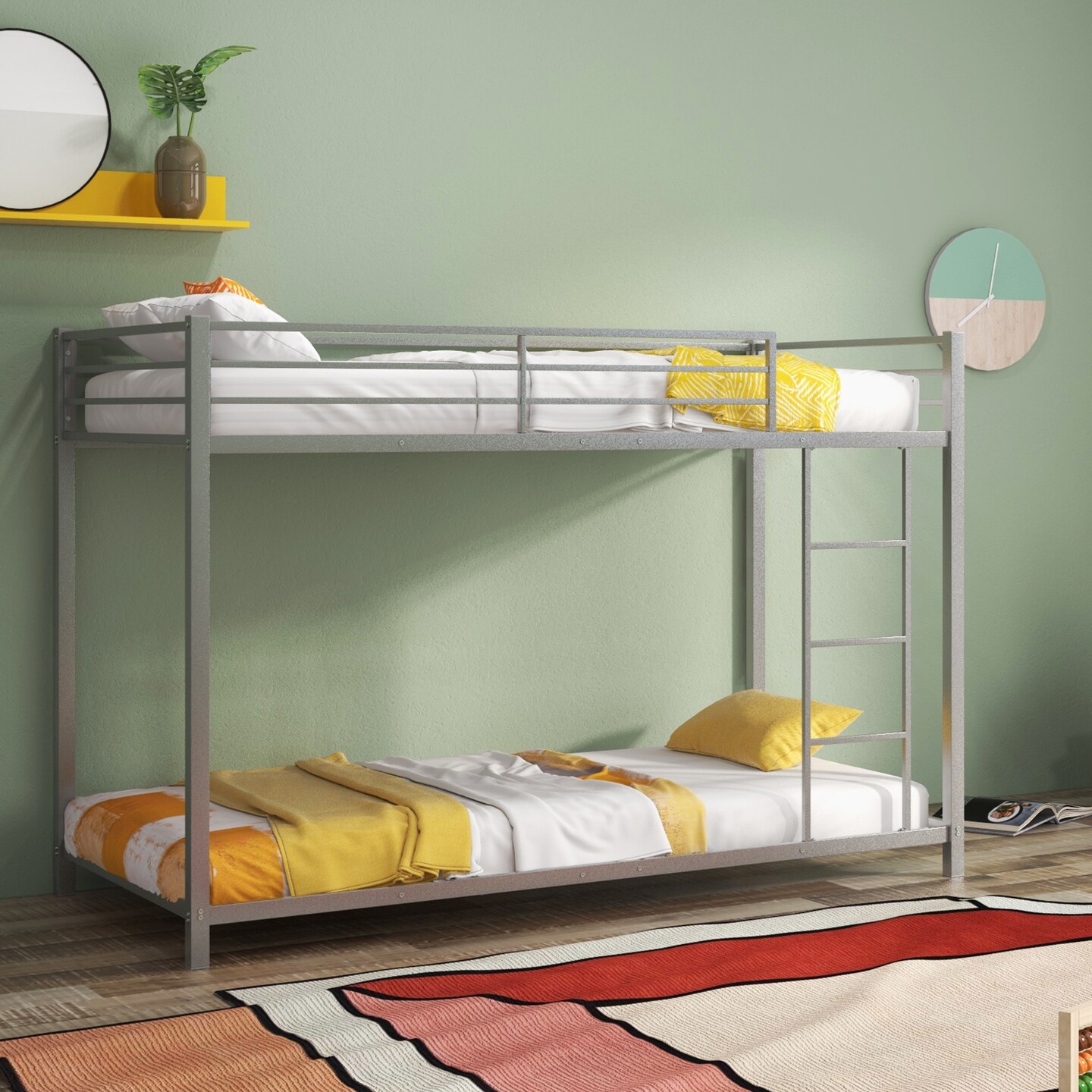 Twin Over Twin Metal Bunk Bed, Low Profile, Safe, No Box-Spring