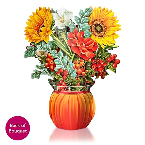 Freshcut Paper Pop Up Cards, Pumpkin Harvest, 12 inch Life Sized Forever Flower Bouquet 3D Popup Thanksgiving, Autumn, Fall Greeting Cards with Note Card and Envelope - Harvest Party Decoration
