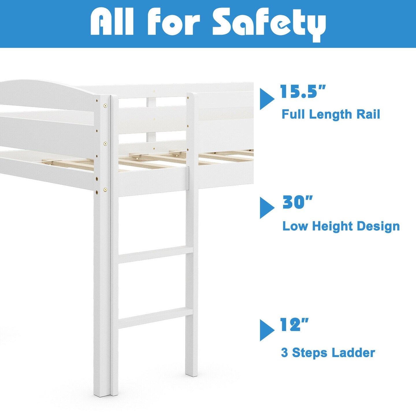 Wooden Twin Low Loft Bunk Bed with Guard Rail and Ladder