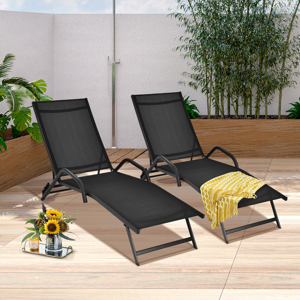2Pcs Outdoor Patio Chaise Reclining Lounge Chairs W/ 5-Position Adjust Backrest