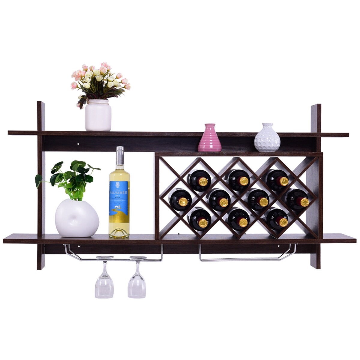 Wall Mounted Wine Rack Walnut MDF Stainless Steel 10 Bottle Storage With Glass Holder Space Saving Kitchen Bar Wine Organizer Shelf