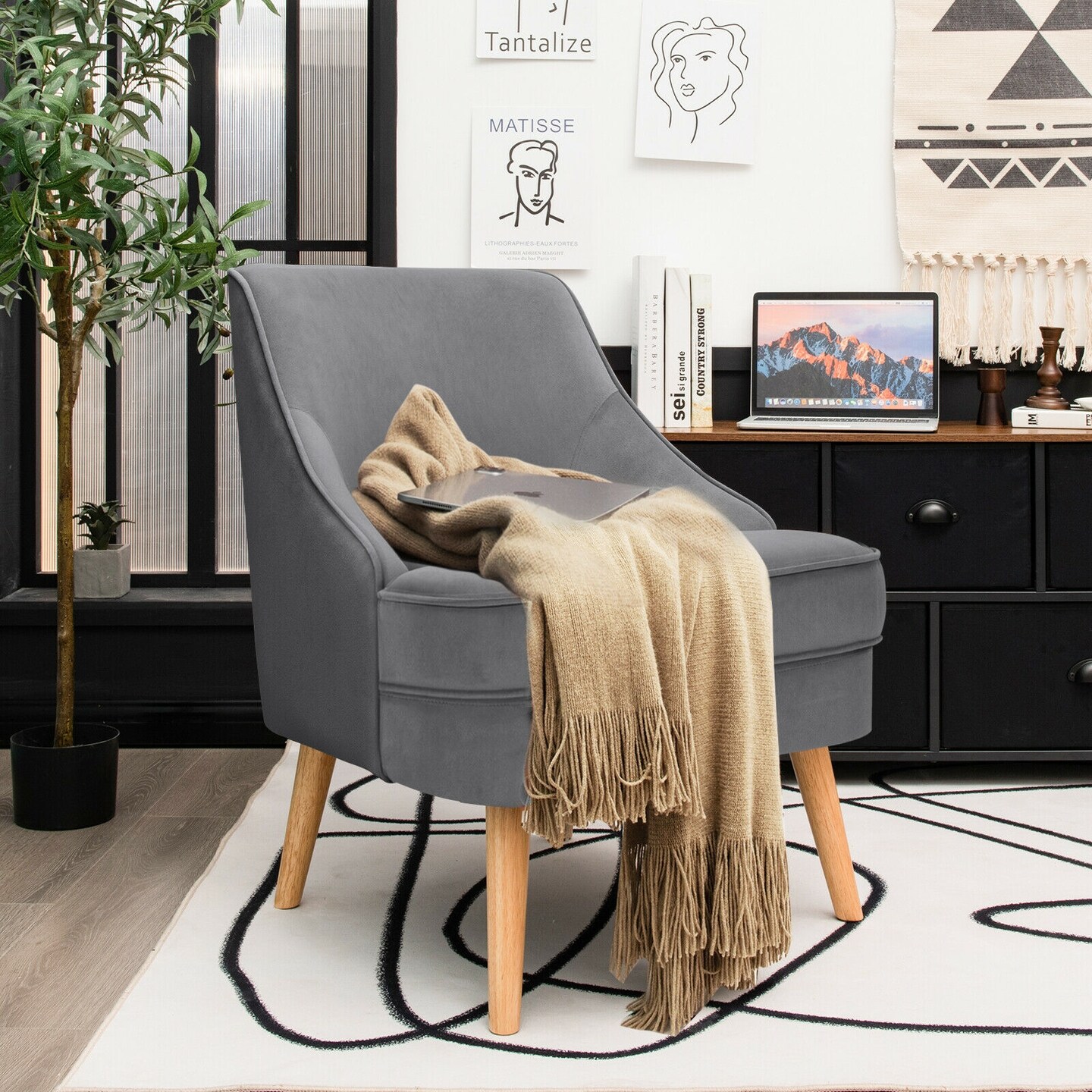 Soft and Comfortable Velvet Upholstered Accent Chair with Ergonomic Curved Backrest and Wooden Legs