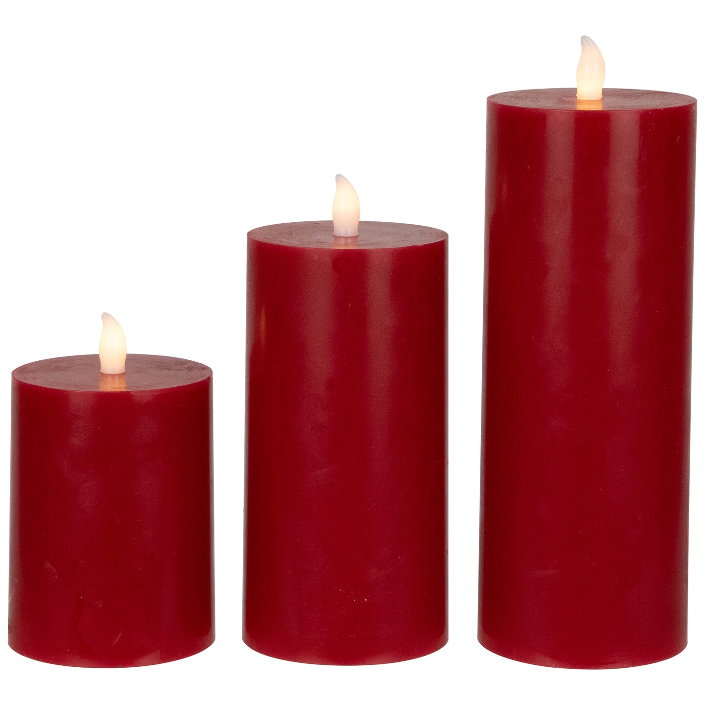 Northlight Set of 3 Flameless Solid Red Flickering LED Wax Pillar Candles 8&#x22;