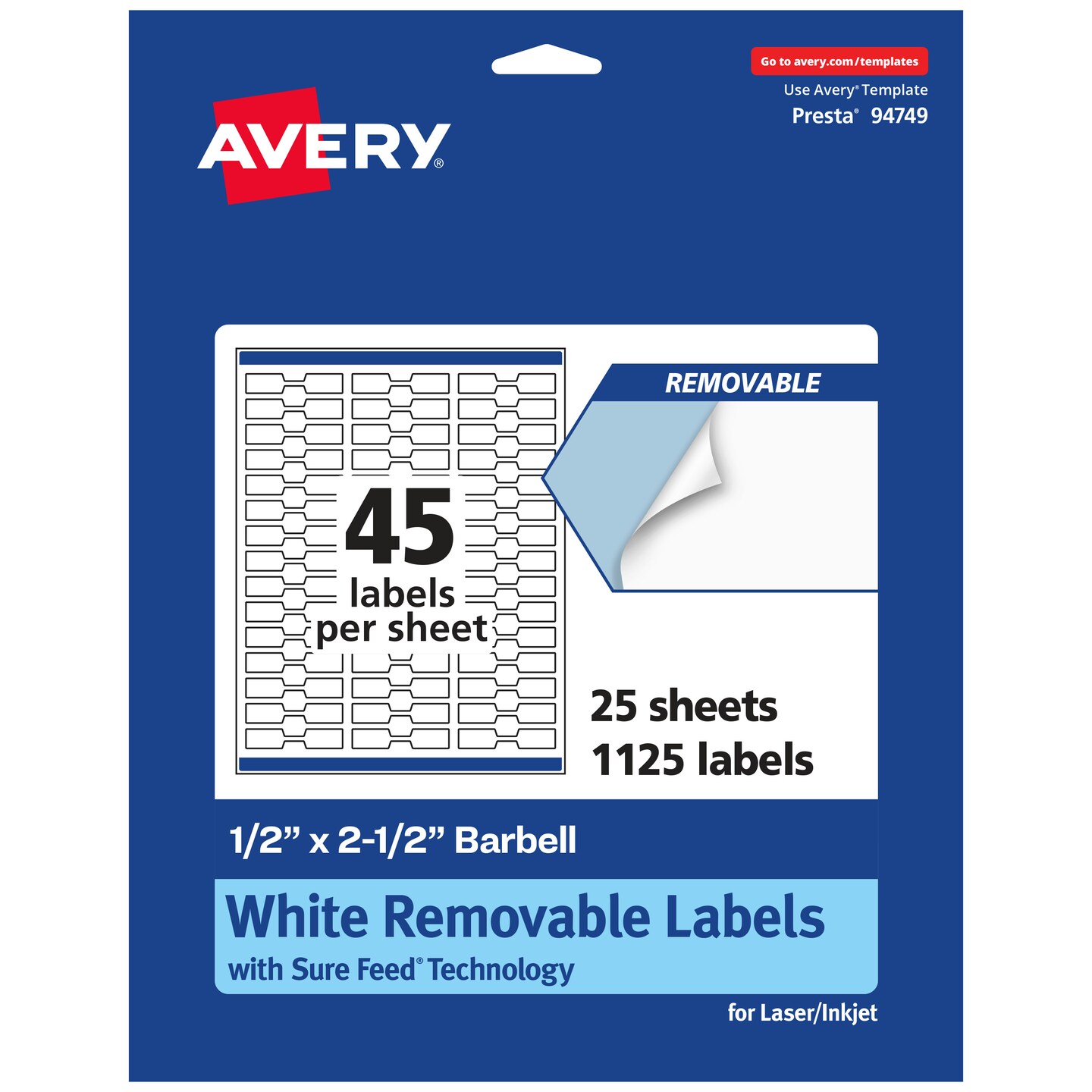 Avery Matte White Removable Barbell Labels with Sure Feed Technology, .5&#x22; x 2.5&#x22;