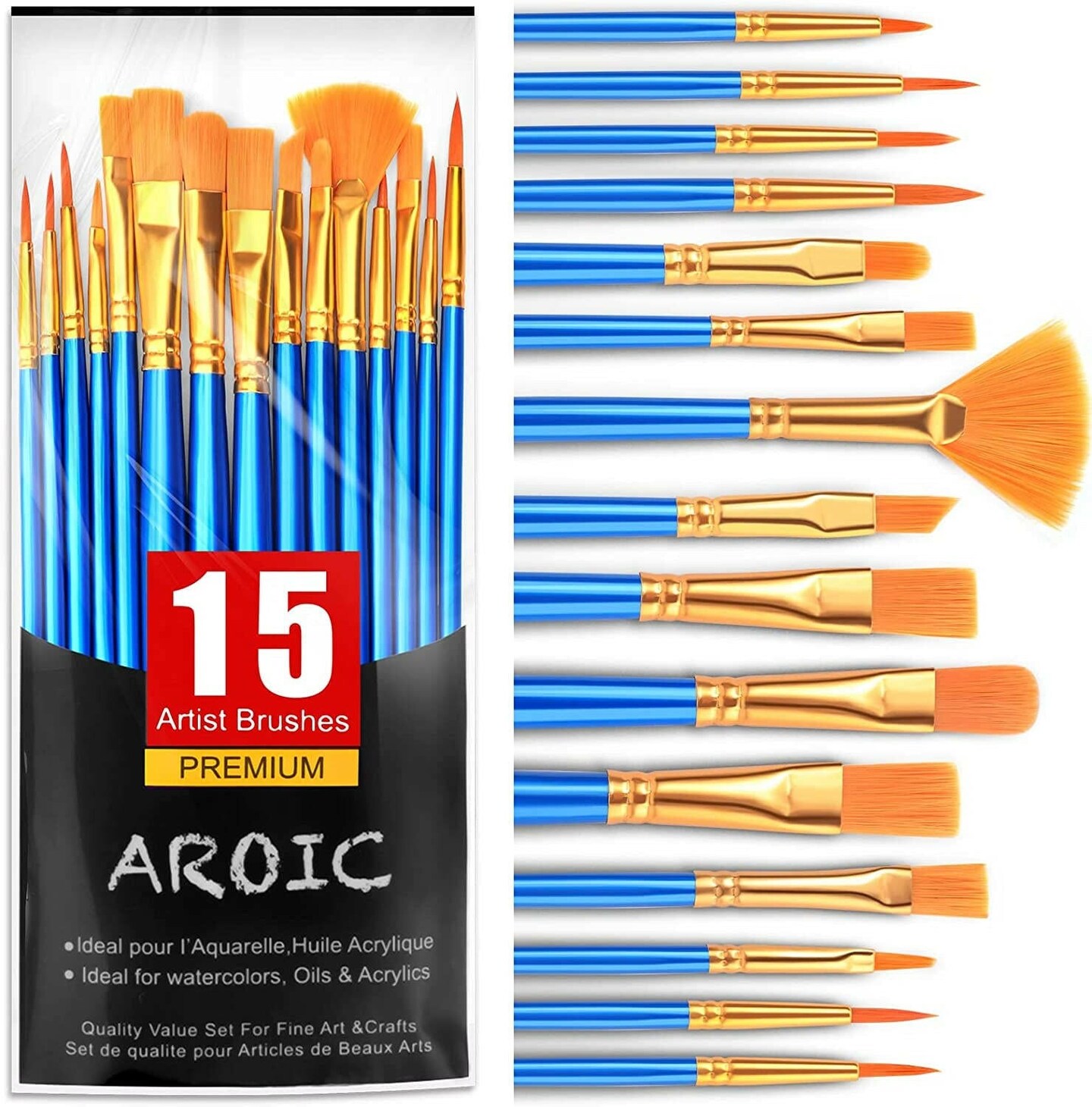 Acrylic Paint Brush Set, 15 Pcs Nylon Hair Paint Brushes for All