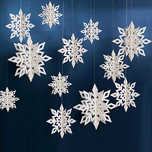 OuMuaMua Winter Christmas Hanging Snowflake Decorations, 12PCS Snowflakes Garland &#x26; 12PCS 3D Glittery Large White Snowflake for Christmas Winter Wonderland Holiday New Year Party Home Decorations