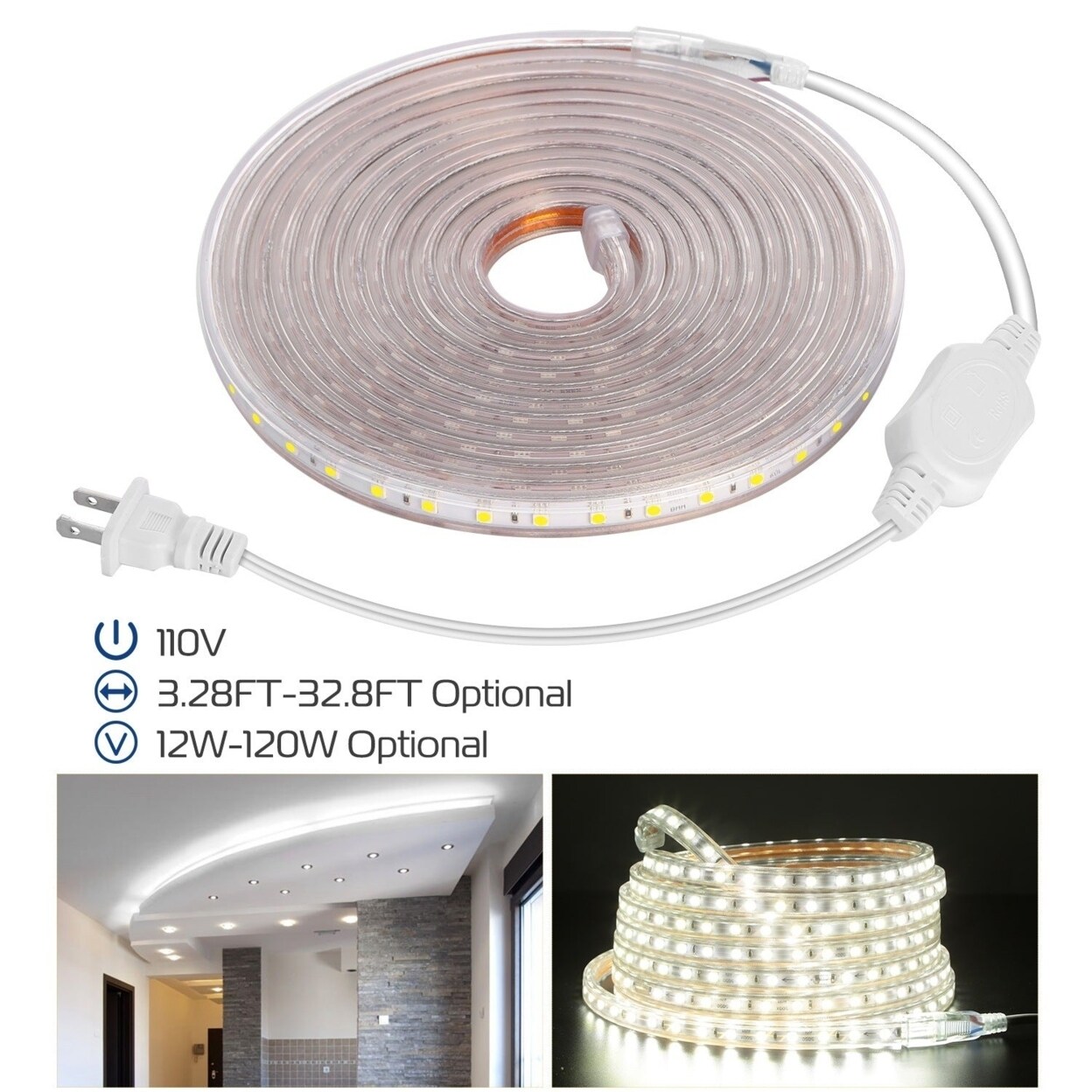 SKUSHOPS 16.4ft 5m LED Strip Light 110V IP65 Waterproof 2500LM Dimmable Rope Light SMD 5050 6000K Cold White Warm