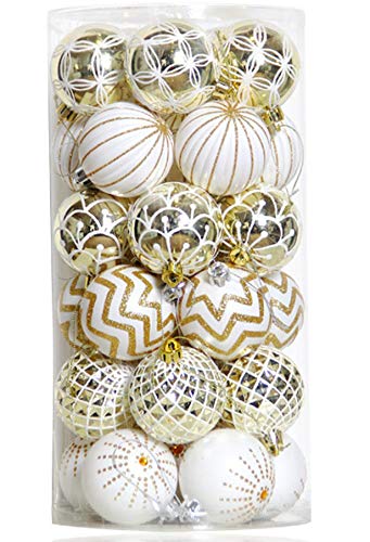 30PCS Christmas Balls Ornaments,60MM Gold&#x26;White Painted Shatterproof Festive Wedding Hanging Ornaments Christmas Tree Decoration