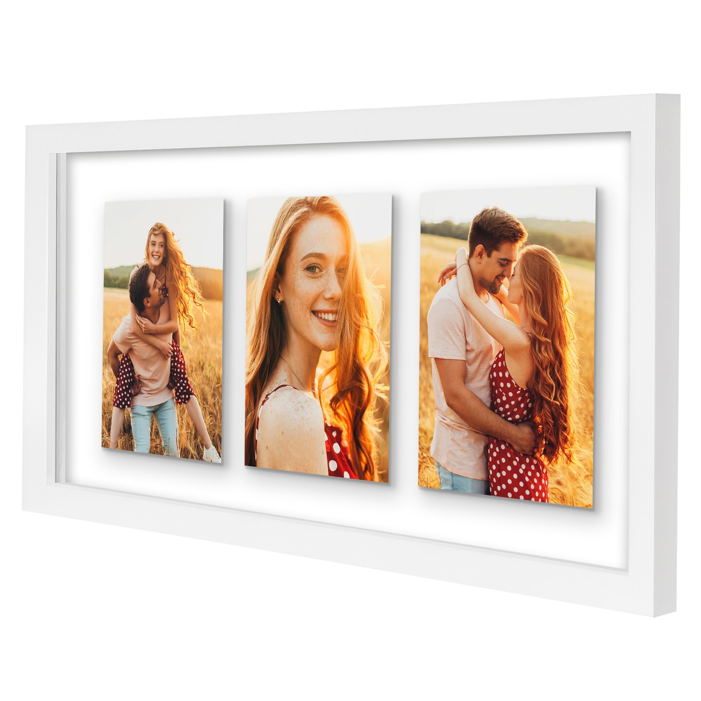 Americanflat Floating Collage Frame - Displays Three Photos with Floating Effect - Shatter Resistant Glass - Hanging Hardware for Horizontal or Verticle Display