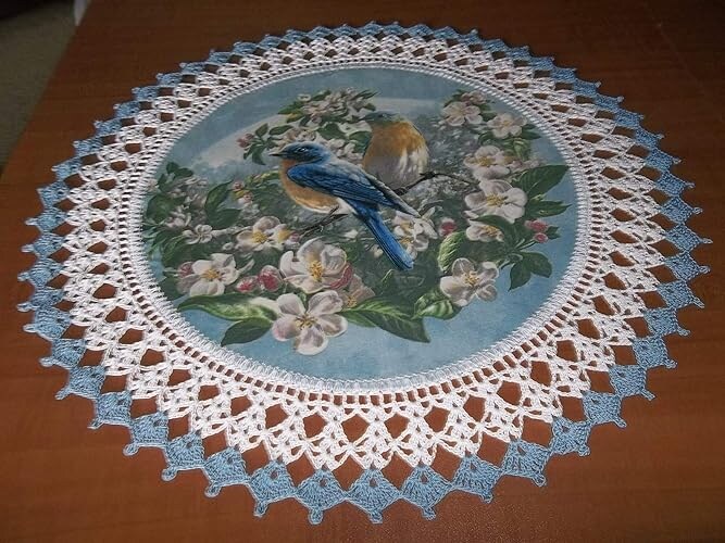 Crocheted Doily, Blue Birds Apple Blossoms Fabric Center Doily
