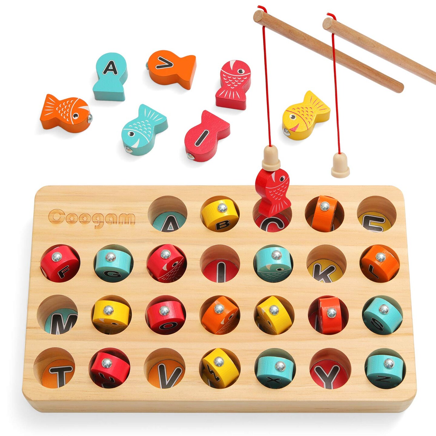 Wooden Magnetic Fishing Game, Fine Motor Skill Toy ABC Alphabet Color Sorting Puzzle, Montessori Letters Cognition Preschool Gift for Years Old Kid Early Learning with 2 Pole