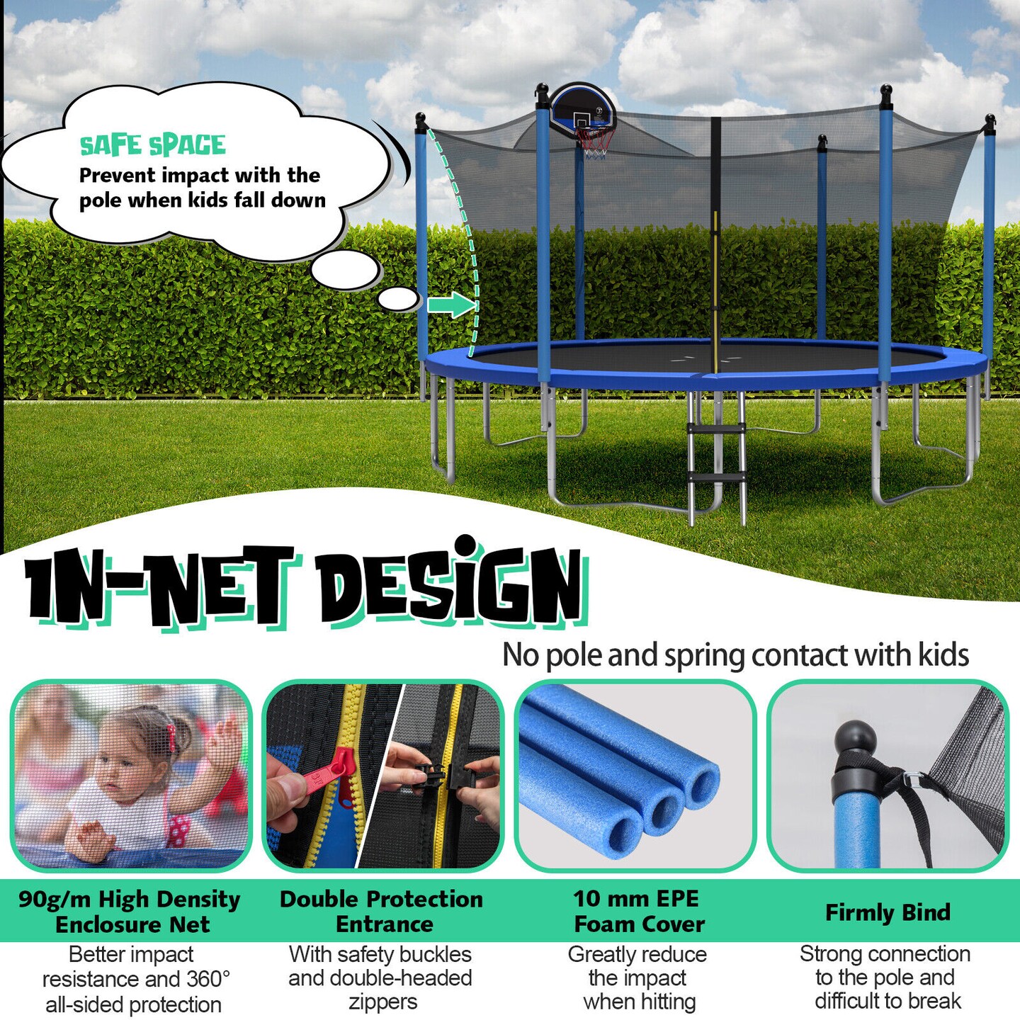 Outdoor Recreational Trampoline with Ladder and Enclosure Net