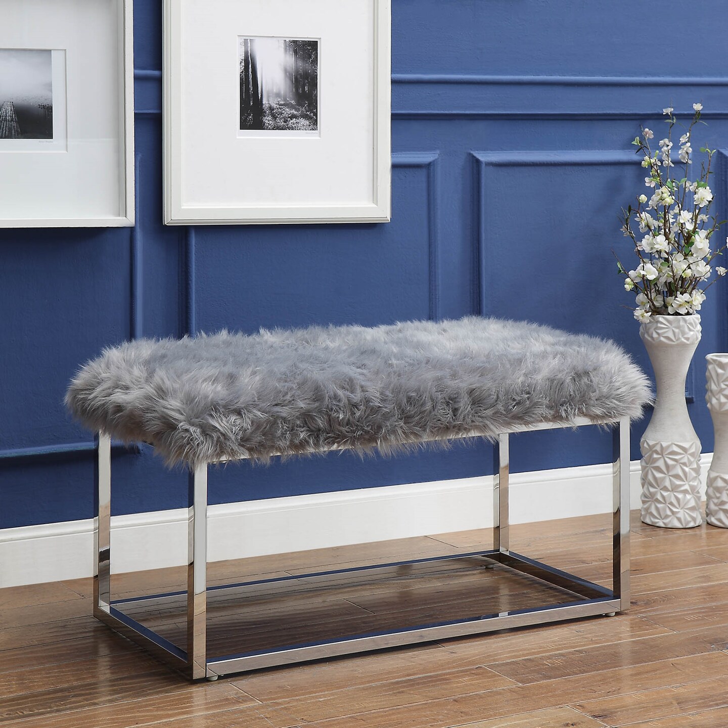 Verity Faux Fur Metal Frame Ottoman Bench With Gold/Chrome Legs