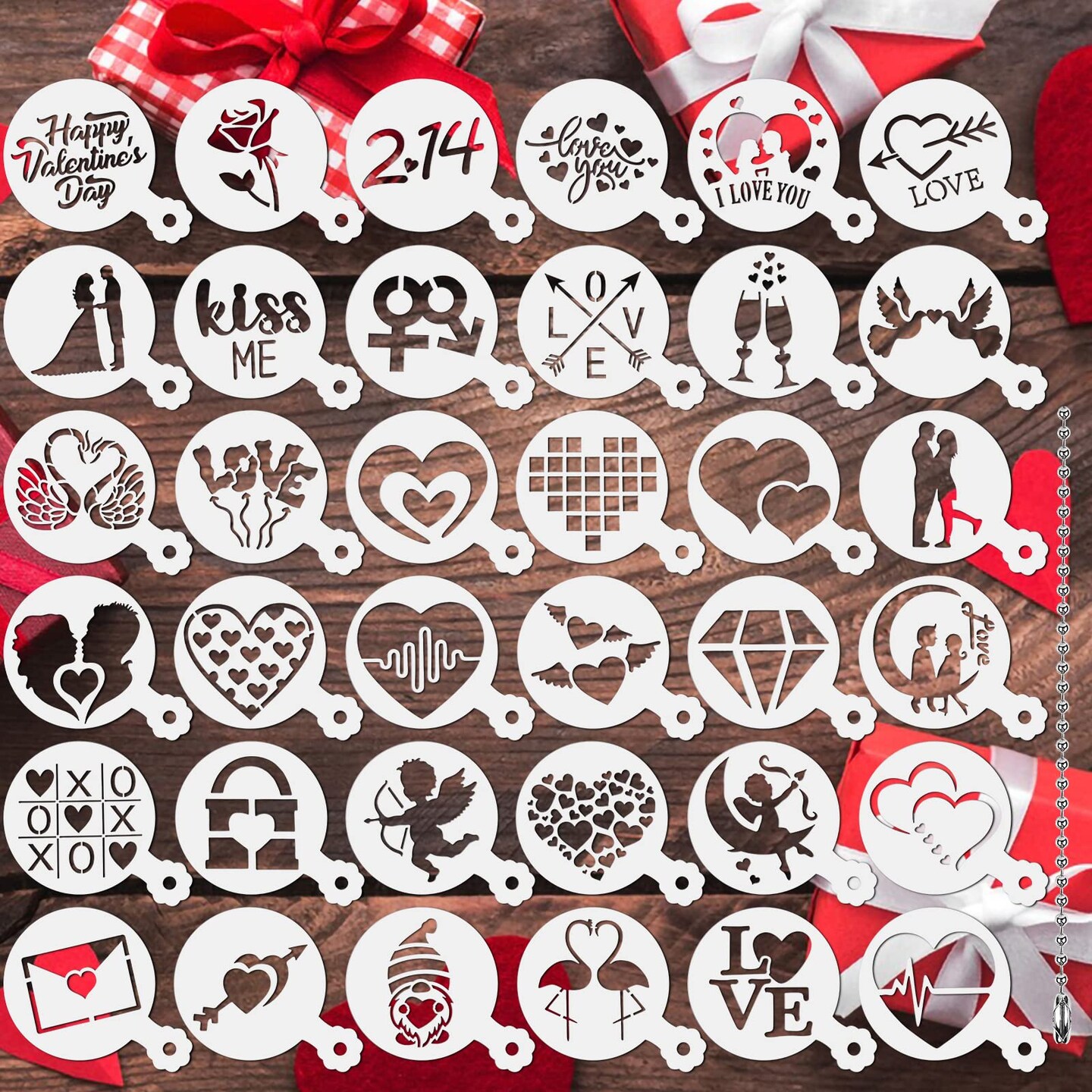 JULBEAR Valentine&#x27;s Day Cookie Stencils, 36 Pieces Reusable Cookie Coffee Decorating Stencils Templates Mold Tools for Cookies Baking Painting Dessert Coffee Decoration DIY Valentines Party Decor