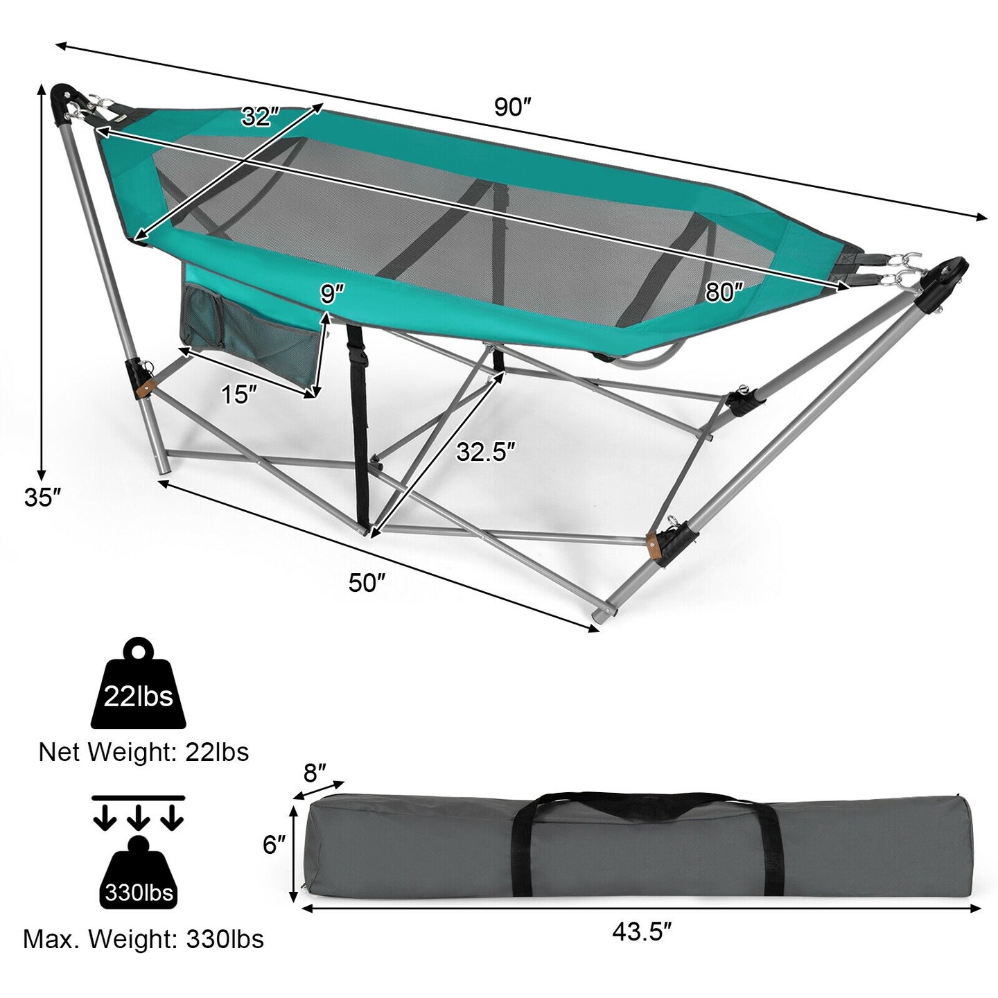 Outdoor Folding Hammock Bed with Breathable Fabric Metal Frame and Side Pocket Storage