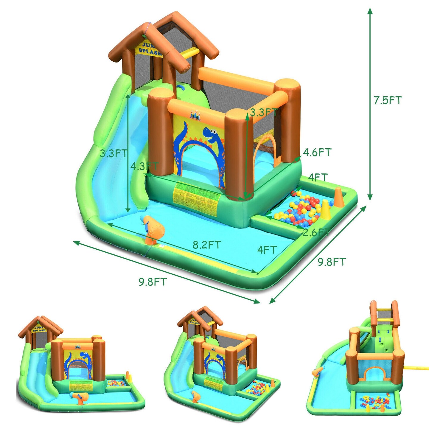 Inflatable Water Slide With Pool Bounce Climb Slide For Kids 3-10 Years Green Blue Orange
