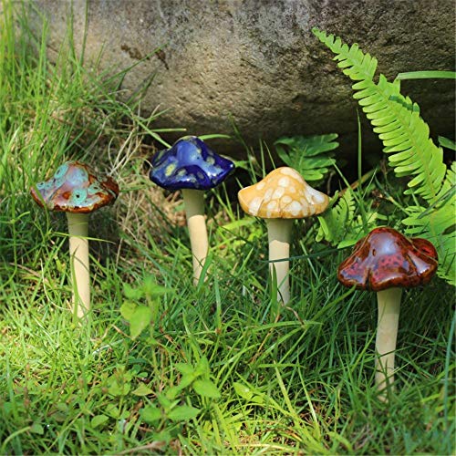 Danmu Garden Decor, 4pcs (Random Color) Ceramic Mushroom for Garden, Yard, Fairy Garden - Lawn Ornament D&#xE9;cor, Pottery Ornament 4.52&#x22; in Height (Dark Version)