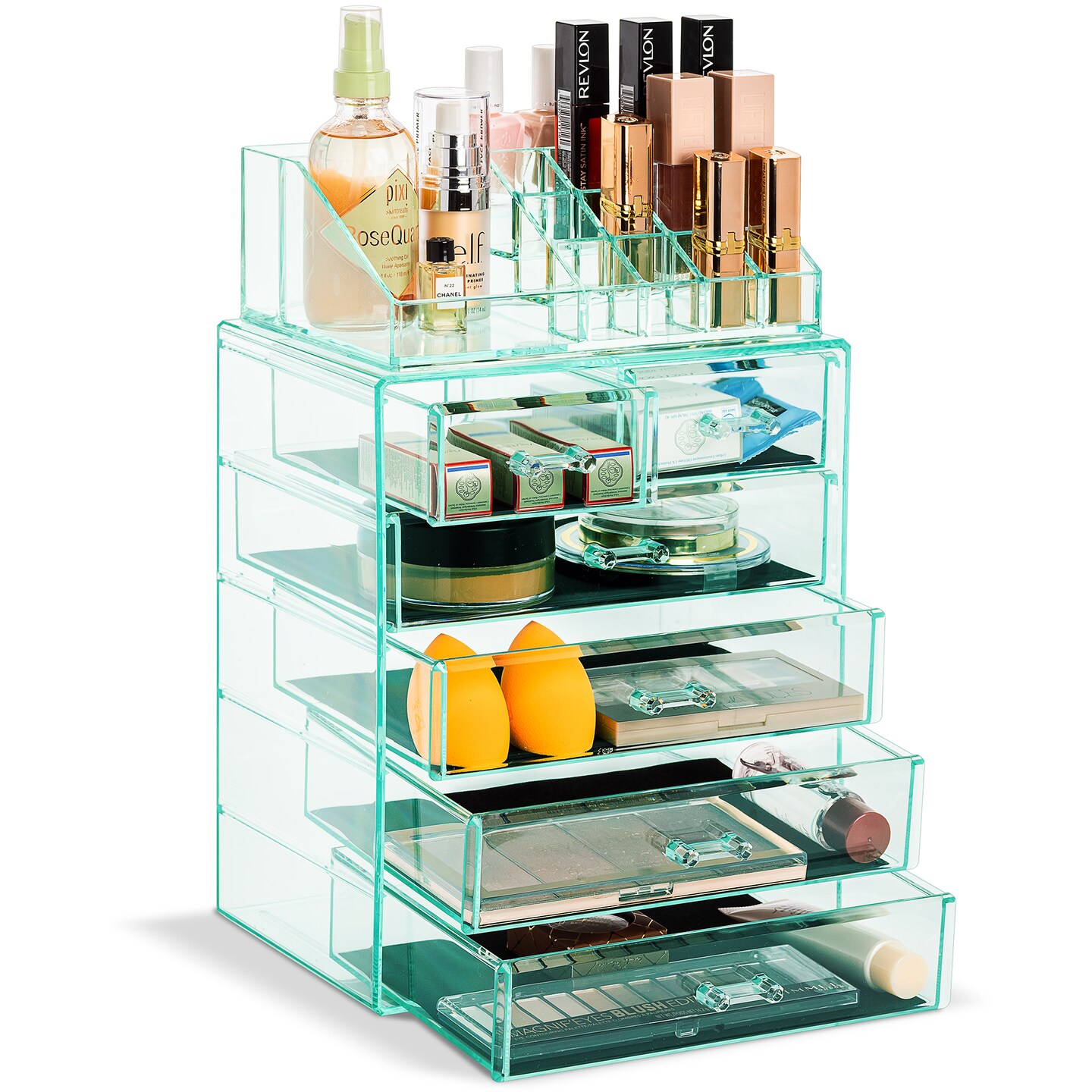 Sorbus 2 Piece Acrylic Makeup and Jewelry Storage Organizer Case (6 Drawers and Lipstick Tray)