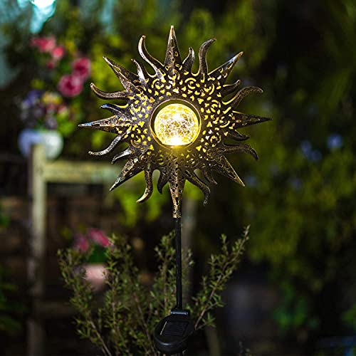 1 Pack Sun Solar Lights Garden Outdoor Waterproof Metal Decorative Stakes for Patio Yard Walkway LawnPatio Christmas Gifts Valentine&#x27;s Day Gifts