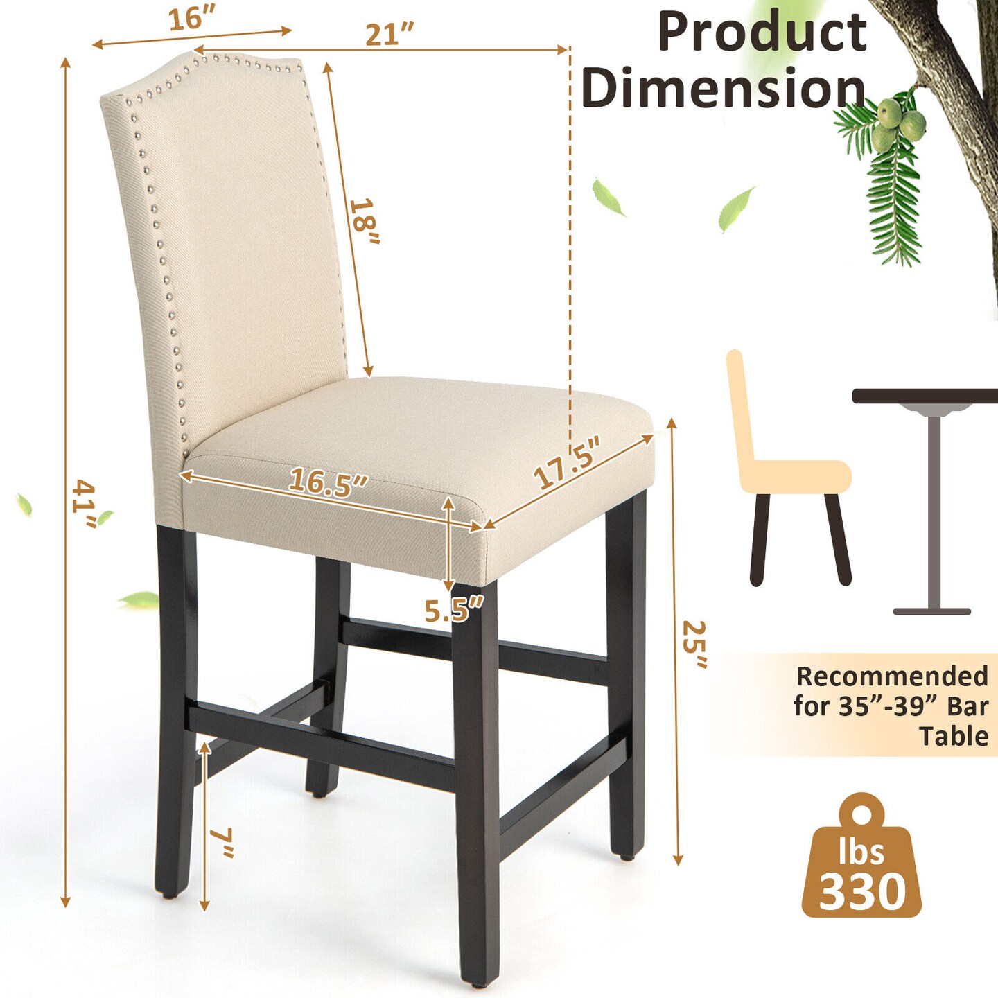 Fabric Nail Head Counter Height Dining Side Chairs Set of 2