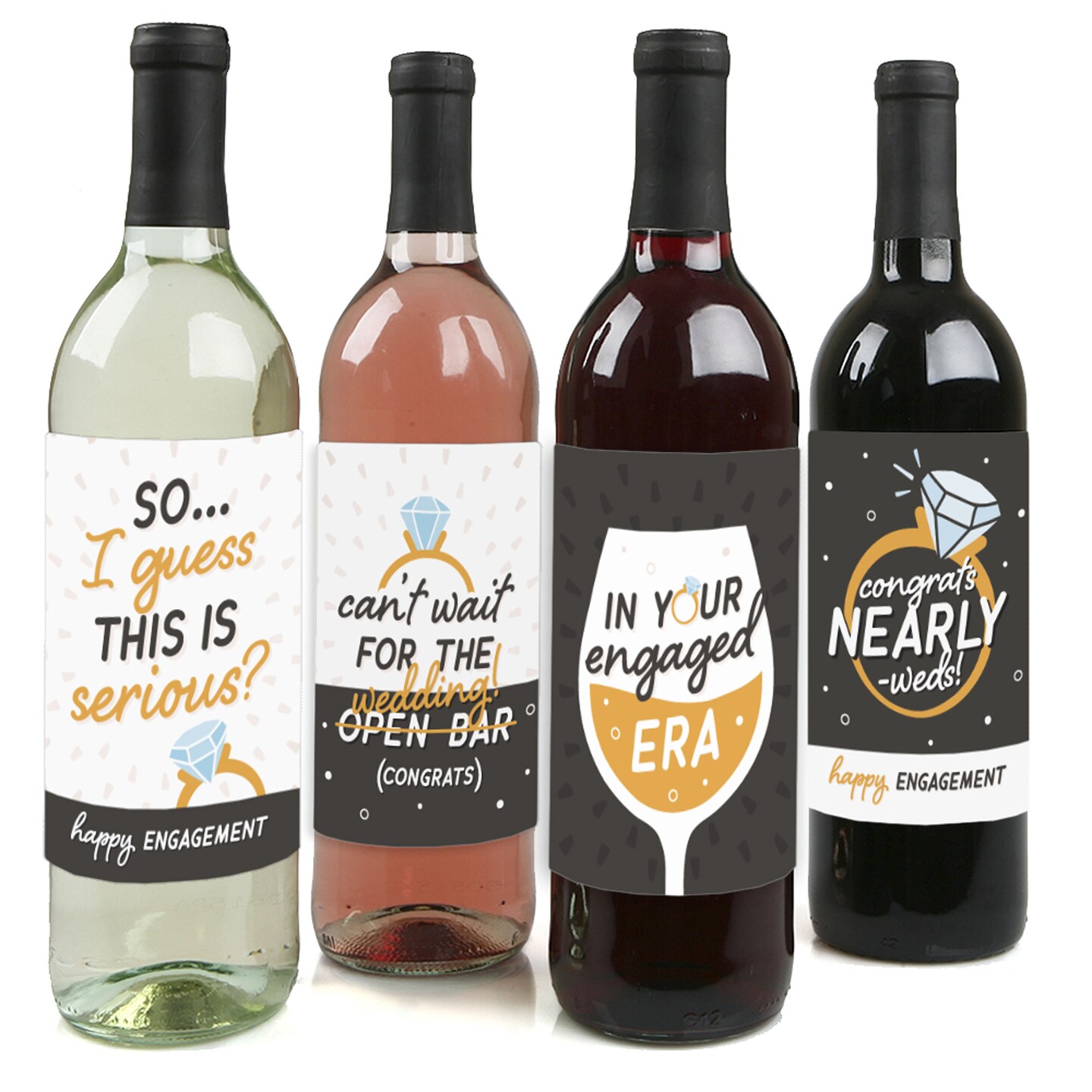 Big Dot of Happiness Just Engaged - Black and White - Engagement Party Decorations for Women and Men - Wine Bottle Label Stickers - Set of 4