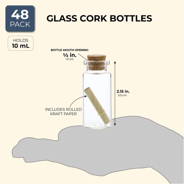 48-piece, 10-milliliter pack Make a Message in a Bottle Kit, Personalized Wedding Favors, Large Quantity Small Glass Cork Bottles with Mini Scrolls