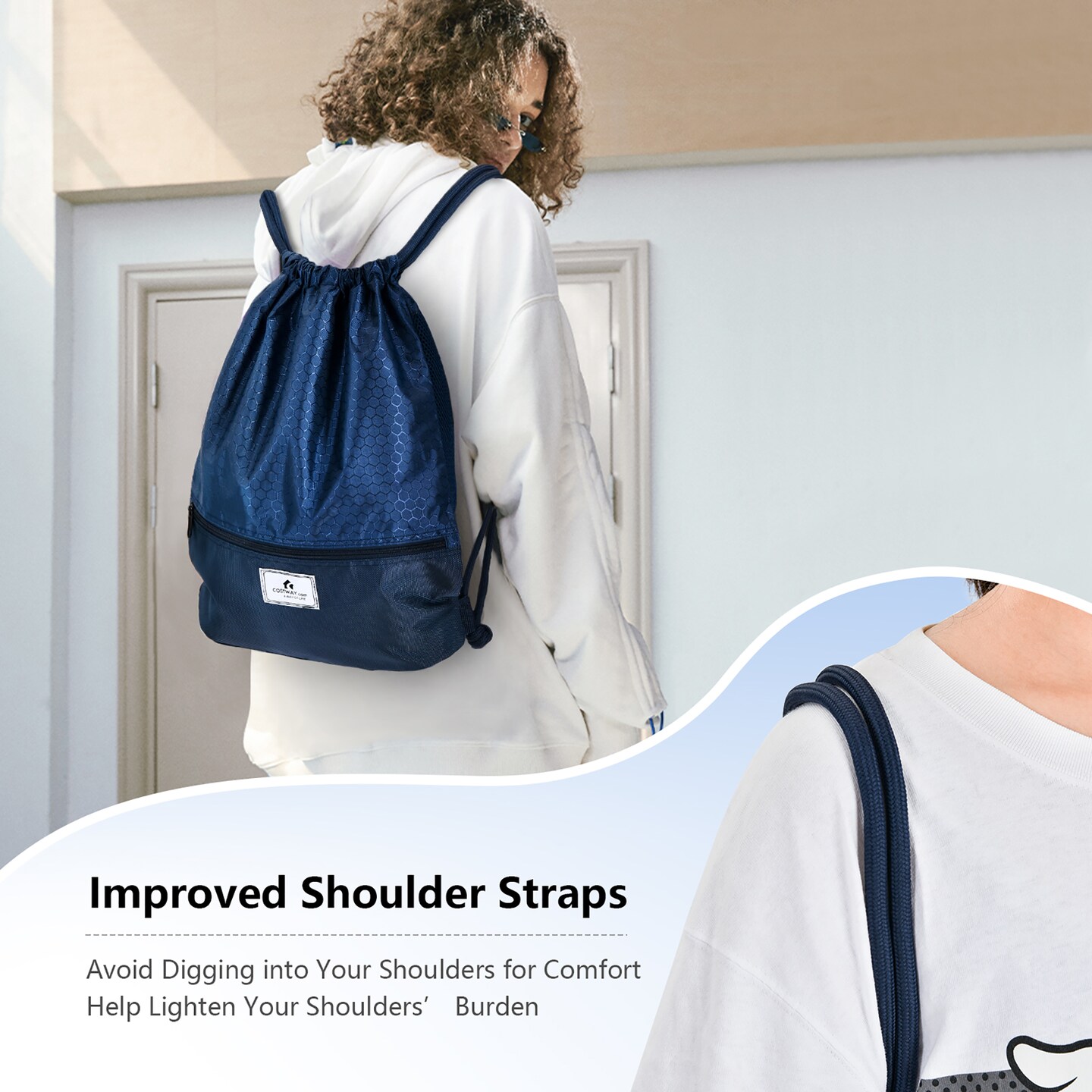 Costway Drawstring Backpack String Bag Folding Sports Sack w/Zipper Pocket Black\Blue\Green\Pink