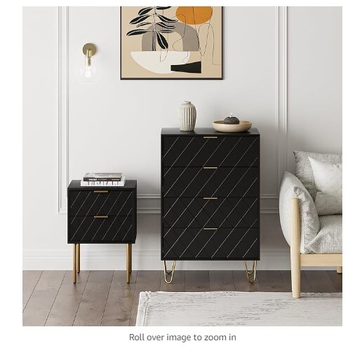 Black diamond drawer dresser for bedroom, living room, closet, and hallway; tall storage dresser chest cabinet organizer unit with metal legs