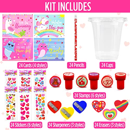 Valentines Day Gifts for Kids - 24 Pack Valentines Day Stationery Gift with Cards Pencils Stickers Erasers Stampers Sharpener Cups Classroom Prize School Exchange Boys Girls Party Favors