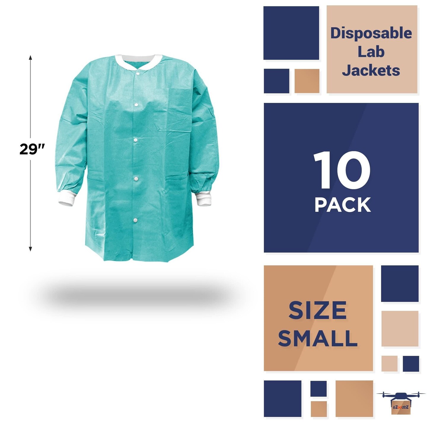 Disposable Lab Jackets Large Pack of 10 Teal Lab Jacket for Men and Women 29 Inches Long PPE Jacket 50 GSM SMS Disposable Jackets Dental with Snaps Front Knit Cuffs &#x26; Collar 3 Pockets