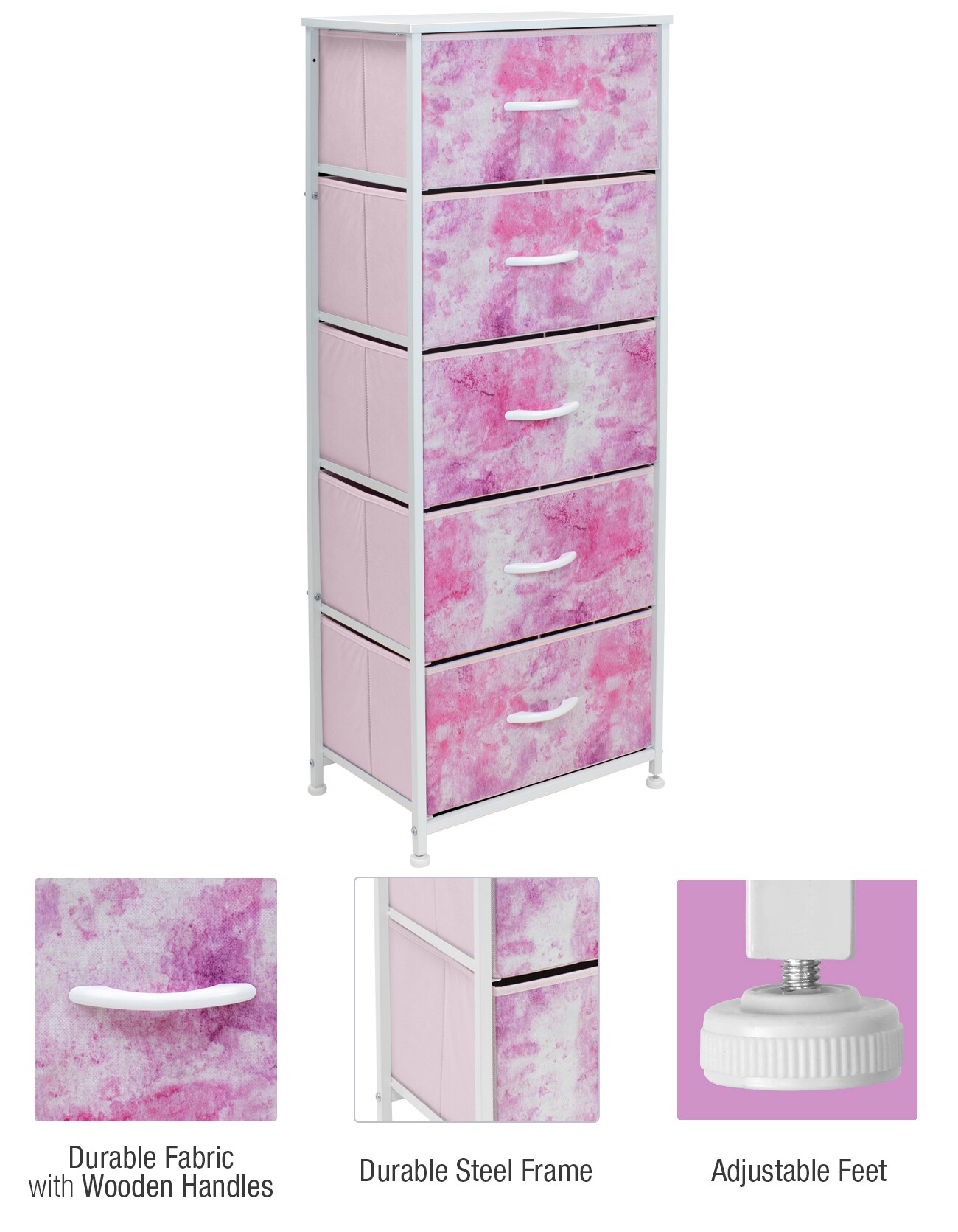 Sorbus Narrow 5 Drawers Nightstand with Steel Frame, Wood Top, Easy Pull Fabric Bins for Home, Bedroom, Office & Dorm