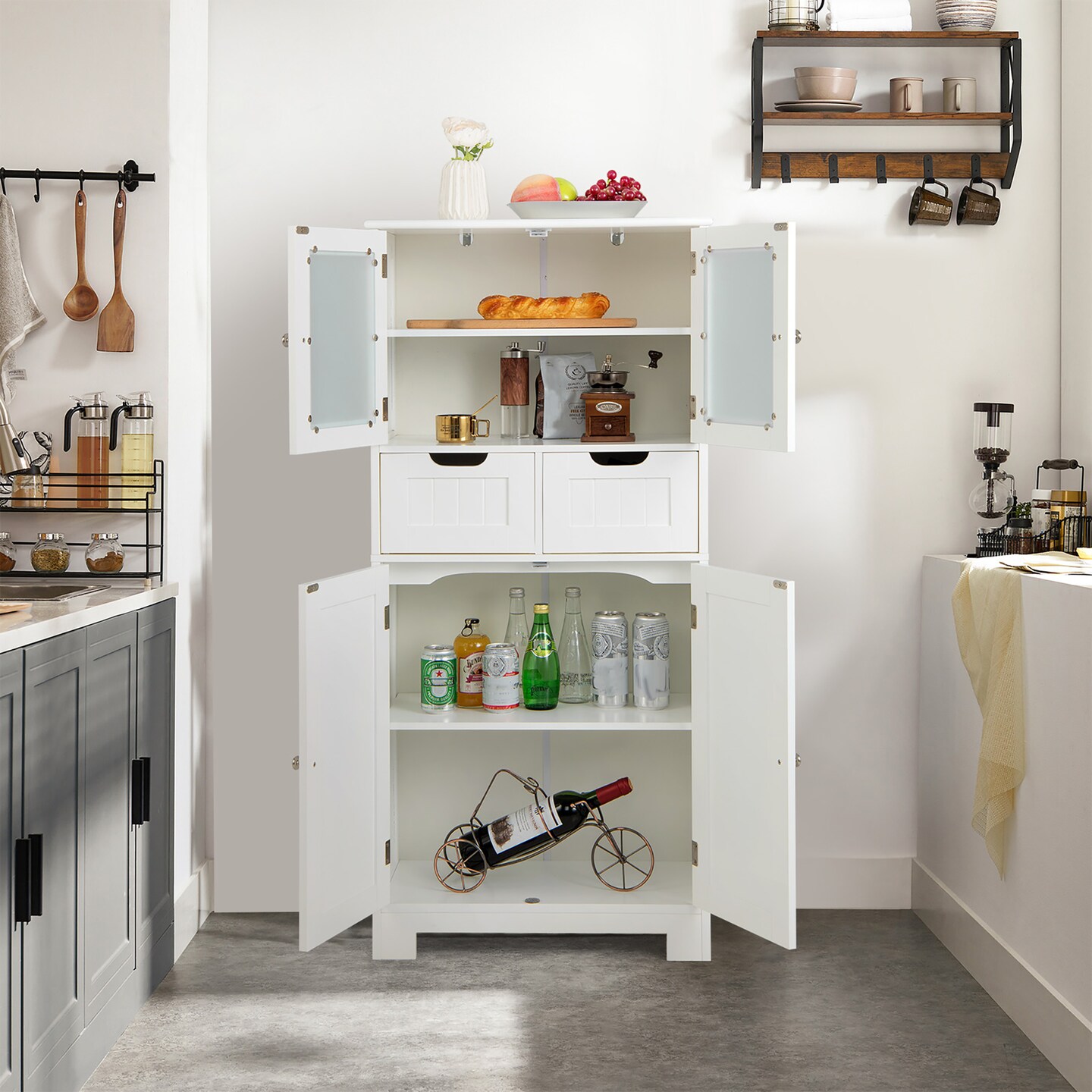 Costway Bathroom Floor Storage Cabinet Kitchen Cupboard with 2 Drawers &#x26; Glass Doors White