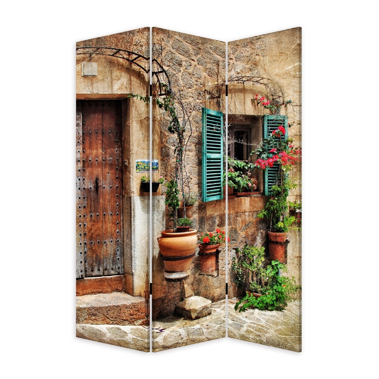 Saltoro Sherpi 72 Inch 3 Panel Canvas Room Divider, Streets, Flowers, Plants, Multicolor-