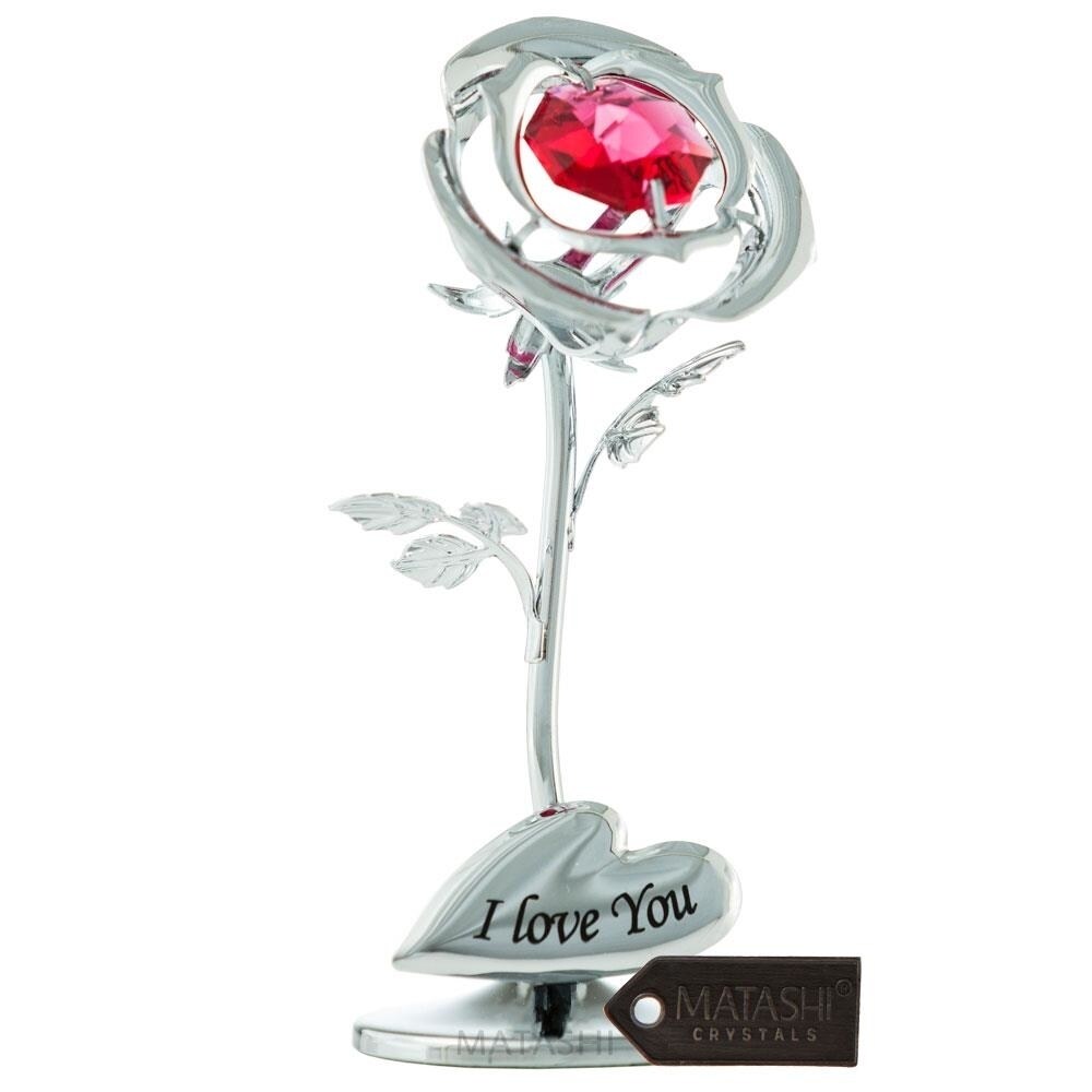 Matashi Single Chrome Plated Silver Rose Flower Tabletop Ornament w/ Red   Crystals  Metal I Love YouFloral Arrangement