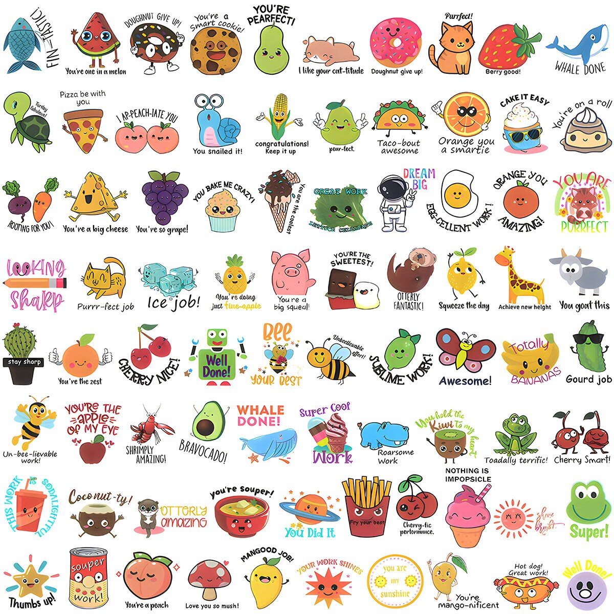 Wrapables Motivational Reward Vinyl Stickers for Teachers, Students, Classrooms 8 Sheets (160pcs), Food & Animals