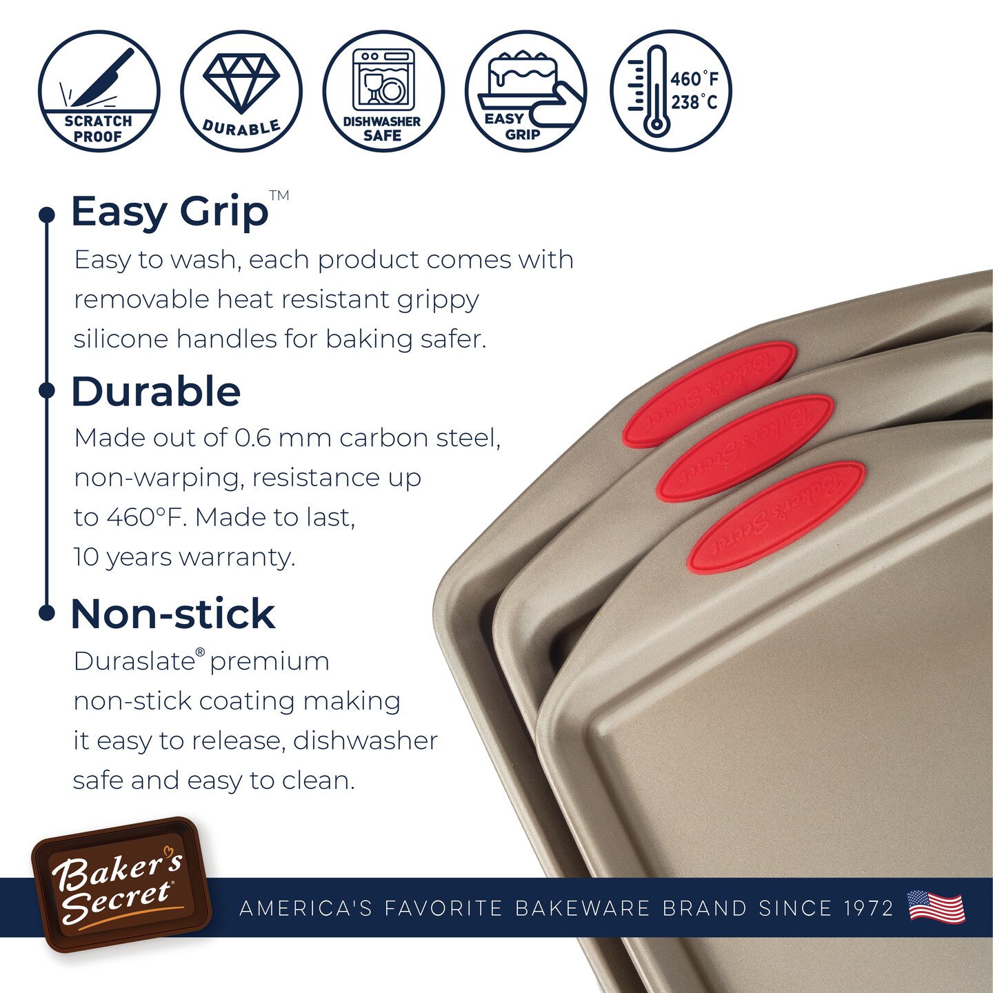 Baker's Secret Baking sheets for Oven - Bakeware Set of 3 Cookie Sheets - Cooking Trays for Baking, Nonstick Pans for Baking, Baking Pan Toaster Oven Pans, with Handles Grip - 3 Pieces Set