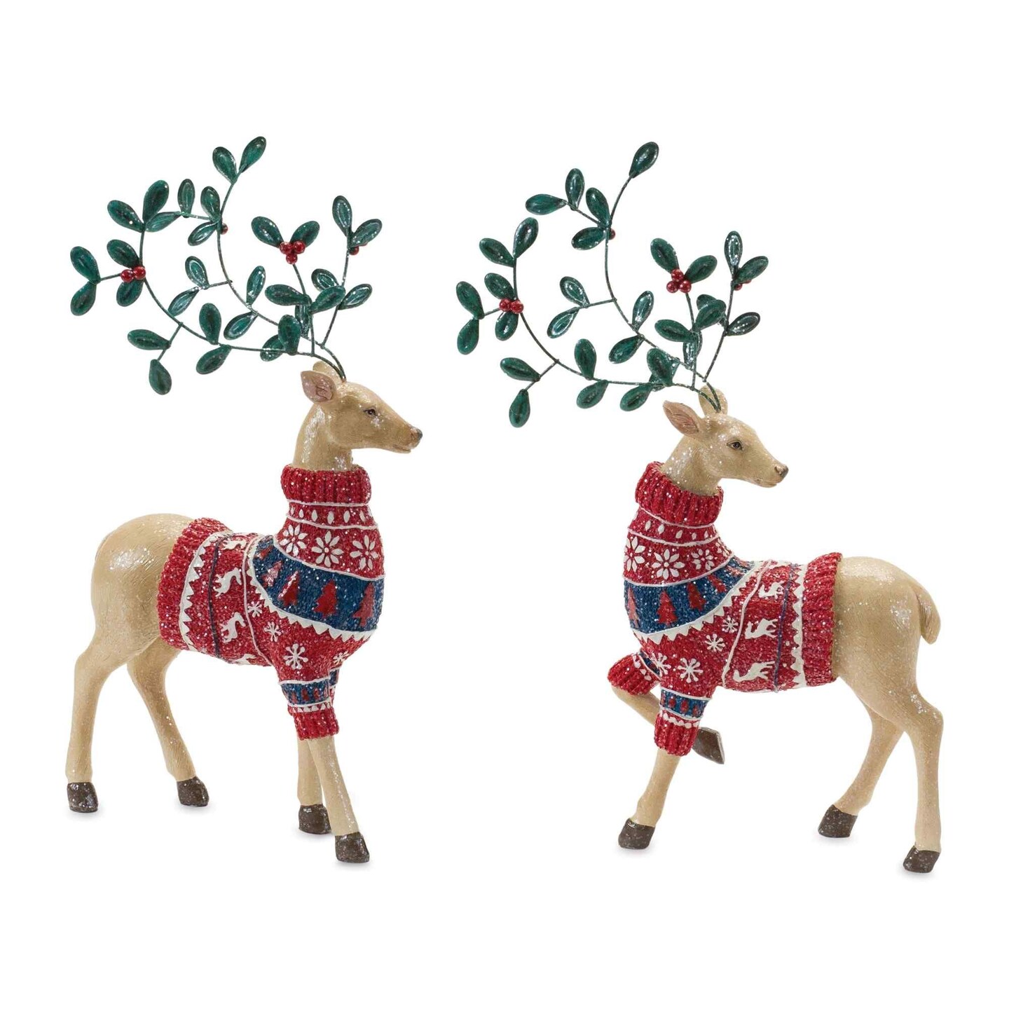 Melrose Set of 2 Mistletoe Antler Deer Christmas Tabletop Figurines 14.75"
