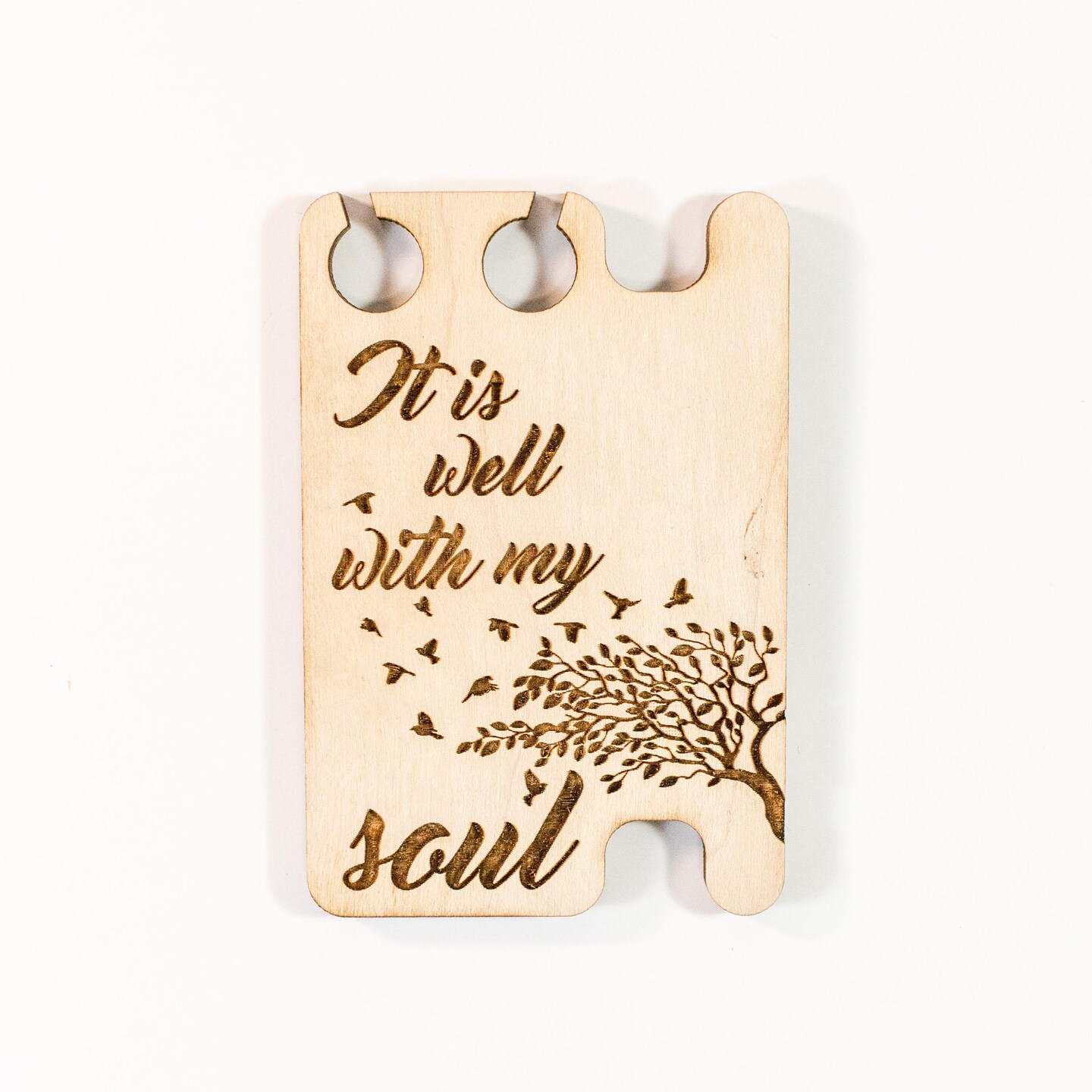 Ear Bud Holder - It&#x27;s Well With My Soul - Raw Wood - 2.5x3.7in