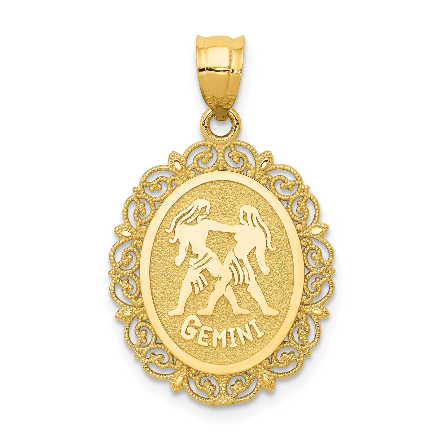 14K Satin Gold Gemini Zodiac Oval Charm Pendant Jewelry 25mm x 18mm